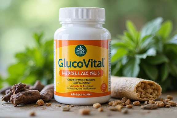 Imagine cu un flacon de supliment Glucovitalhub și ingrediente naturale în fundal