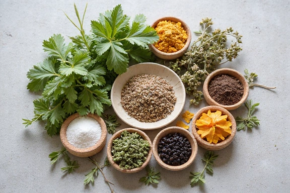 Imagine schematică cu un cerc de plante medicinale, reprezentând sursele naturale ale Glucovitalhub.