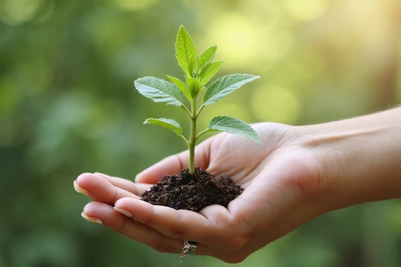 Mână care ține o plantă verde, simbolizând angajamentul Glucovitalhub față de natură și sănătate.