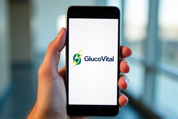 Mână ținând telefon cu logo-ul Glucovitalhub